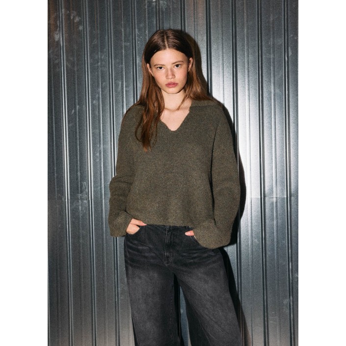 Noisy May NMNELLA L/S POLO WIDE SLEEVE KNIT F: Kalamata/MELANGE | Freewear NMNELLA L/S POLO WIDE SLEEVE KNIT F: - www.freewear.nl - Freewear