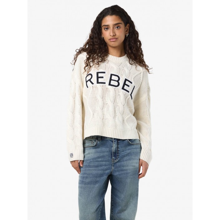 Noisy May NMREBECCA L/S O-NECK CABLE KNIT Birch/REBEL IN NAVY BLAZER | Freewear NMREBECCA L/S O-NECK CABLE KNIT - www.freewear.nl - Freewear