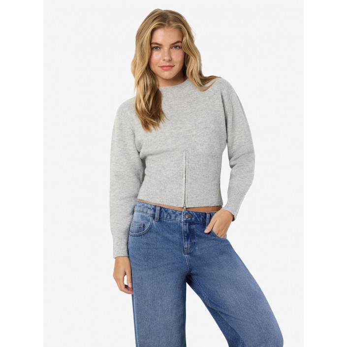 Noisy May NMSLOAN L/S O-NECK ZIP KNIT Light Grey Melange | Freewear NMSLOAN L/S O-NECK ZIP KNIT - www.freewear.nl - Freewear