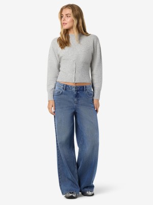 Noisy May NMSLOAN L/S O-NECK ZIP KNIT Light Grey Melange | Freewear NMSLOAN L/S O-NECK ZIP KNIT - www.freewear.nl - Freewear