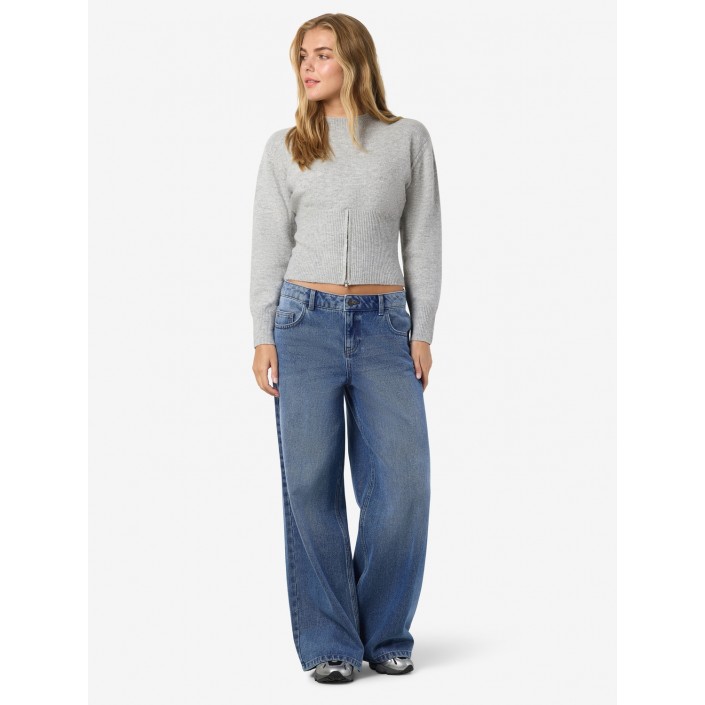 Noisy May NMSLOAN L/S O-NECK ZIP KNIT Light Grey Melange | Freewear NMSLOAN L/S O-NECK ZIP KNIT - www.freewear.nl - Freewear