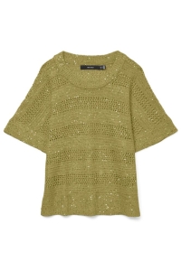 Vero Moda VMLEILANI STRIPE SS O-NECK PULLOVER willow/w. silver sequince