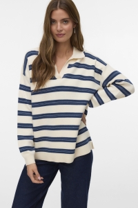 Vero Moda VMGOLD STRIPE LS LONG POLONECK PULL: birch/w. dark denim