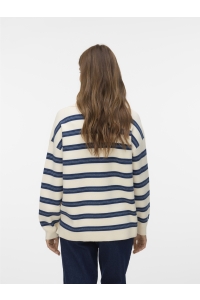 Vero Moda VMGOLD STRIPE LS LONG POLONECK PULL: birch/w. dark denim