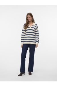 Vero Moda VMGOLD STRIPE LS LONG POLONECK PULL: birch/w. dark denim