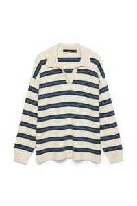 Vero Moda VMGOLD STRIPE LS LONG POLONECK PULL: birch/w. dark denim
