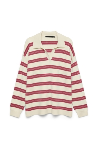 Vero Moda VMGOLD STRIPE LS LONG POLONECK PULL: birch/w. holly berry