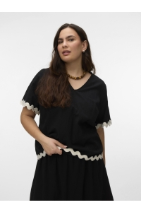 Vero Moda VMCJENNA S/S V-NECK TOP WVN BTQ GA : black/birch scallop edges