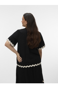 Vero Moda VMCJENNA S/S V-NECK TOP WVN BTQ GA : black/birch scallop edges