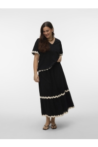 Vero Moda VMCJENNA S/S V-NECK TOP WVN BTQ GA : black/birch scallop edges