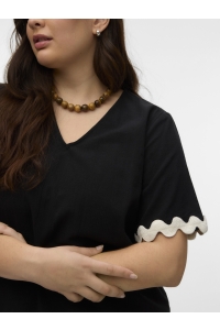Vero Moda VMCJENNA S/S V-NECK TOP WVN BTQ GA : black/birch scallop edges