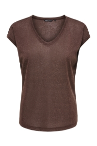 ONLY ONLSILVERY S/S V NECK LUREX TOP JRS: deep mahogany/tone in tone lurex