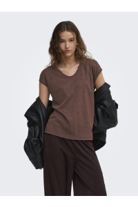 ONLY ONLSILVERY S/S V NECK LUREX TOP JRS: deep mahogany/tone in tone lurex