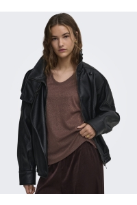 ONLY ONLSILVERY S/S V NECK LUREX TOP JRS: deep mahogany/tone in tone lurex