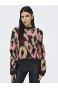 ONLY ONLWILD L/S JQ O-NECK KNT pirate black/salmon rose + curry