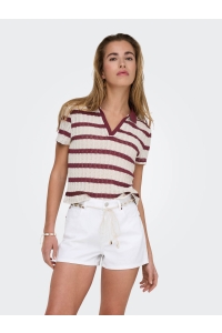 ONLY ONLHALIA S/S COLLAR TOP BOX JRS cloud dancer/ruby wine