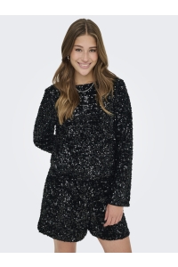 ONLY ONLCONFIDENCE L/S SEQUIN BOW TOP JR: black/black sequins+black bow