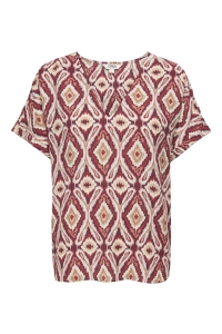 ONLY ONLBELLY MIKASI SS V-NECK TOP WVN E: brick red/abstract aquares