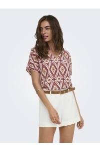 ONLY ONLBELLY MIKASI SS V-NECK TOP WVN E: brick red/abstract aquares