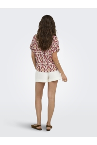 ONLY ONLBELLY MIKASI SS V-NECK TOP WVN E: brick red/abstract aquares