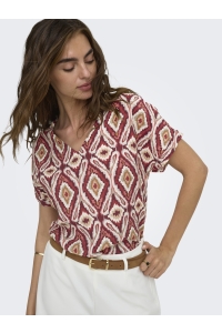 ONLY ONLBELLY MIKASI SS V-NECK TOP WVN E: brick red/abstract aquares