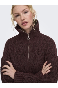ONLY ONLFREJA LS CABLE ZIP HIGHNECK KNT decadent chocolate/silver zip
