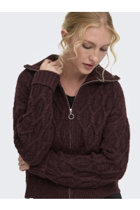 ONLY ONLFREJA LS CABLE ZIP HIGHNECK KNT decadent chocolate/silver zip