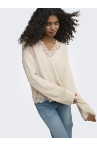 ONLY ONLCLOVER LS LACE V-NECK REVERSIBLE: pumice stone/melange/dtm lace
