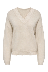 ONLY ONLCLOVER LS LACE V-NECK REVERSIBLE: pumice stone/melange/dtm lace