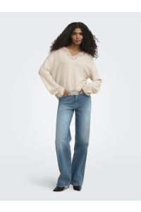 ONLY ONLCLOVER LS LACE V-NECK REVERSIBLE: pumice stone/melange/dtm lace