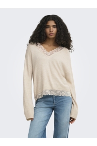 ONLY ONLCLOVER LS LACE V-NECK REVERSIBLE: pumice stone/melange/dtm lace