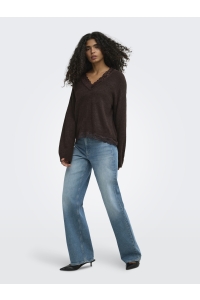ONLY ONLCLOVER LS LACE V-NECK REVERSIBLE: coffee bean/melange/dtm lace