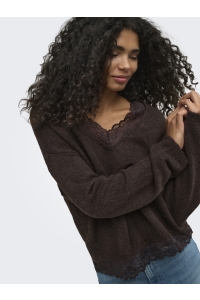ONLY ONLCLOVER LS LACE V-NECK REVERSIBLE: coffee bean/melange/dtm lace