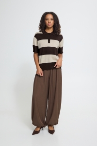 ICHI IHLULS POLO SS:Knit wide stripe chocolate torte