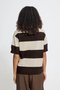 ICHI IHLULS POLO SS:Knit wide stripe chocolate torte