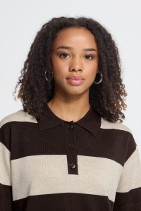 ICHI IHLULS POLO SS:Knit wide stripe chocolate torte