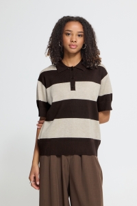 ICHI IHLULS POLO SS:Knit wide stripe chocolate torte
