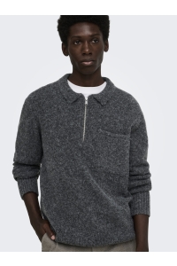 Only and Sons ONSWREN RLX ZIP POLO KNIT dark grey melange