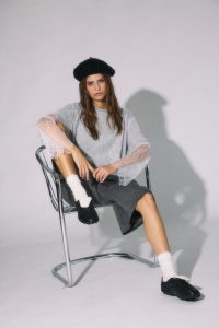 Noisy May NMBIANKA L/S DOUBLE LAYER LACE TEE : light grey melange/white lace