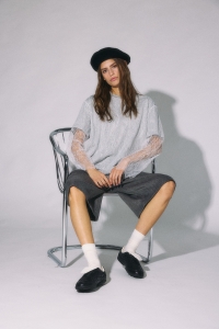 Noisy May NMBIANKA L/S DOUBLE LAYER LACE TEE : light grey melange/white lace