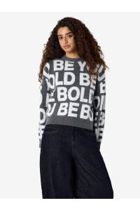 Noisy May NMCORREY L/S O-NECK KNIT dark grey melange/text